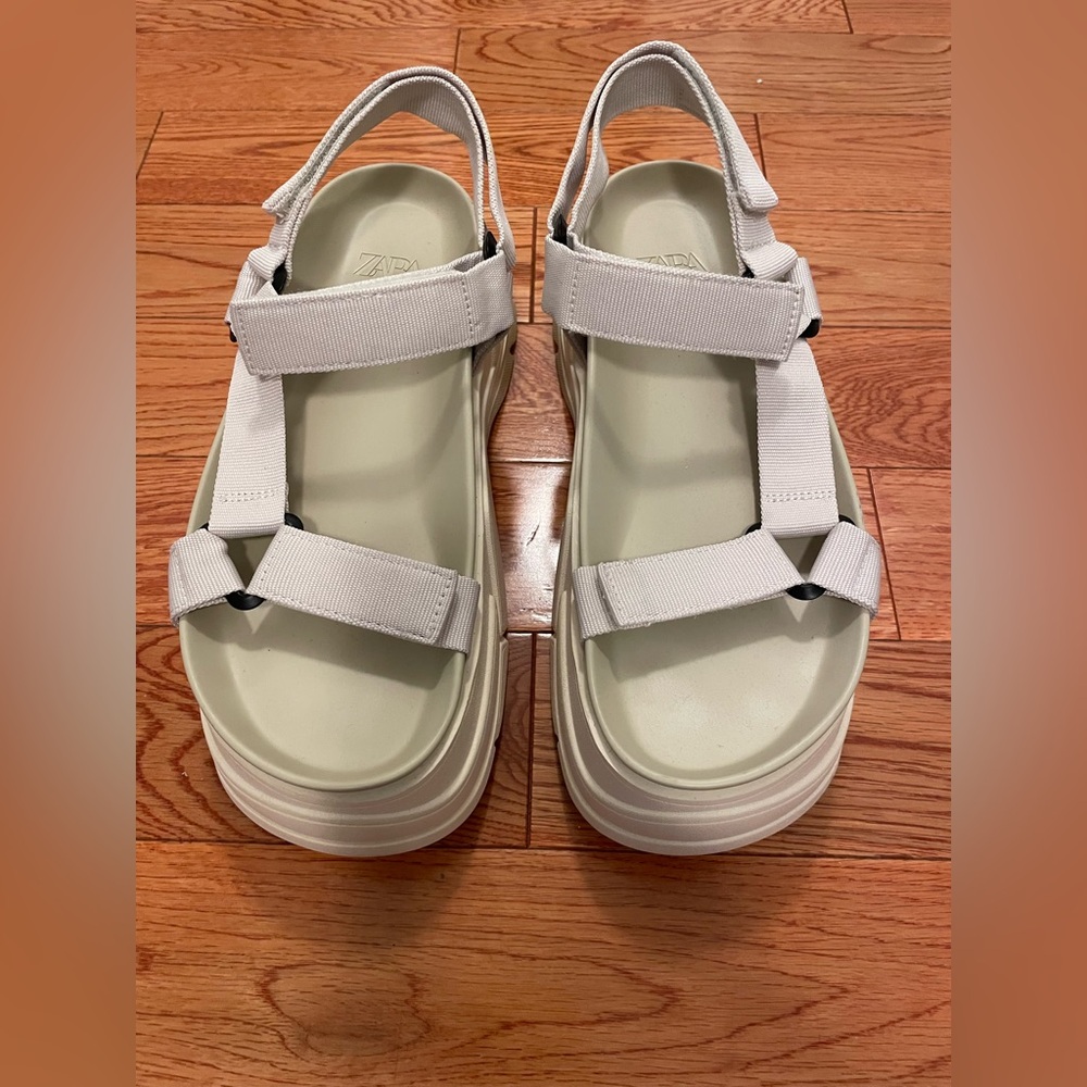 Zara Chunky Flatform Sport Sandals fabric Velcro straps Ecru Beige Sz 38